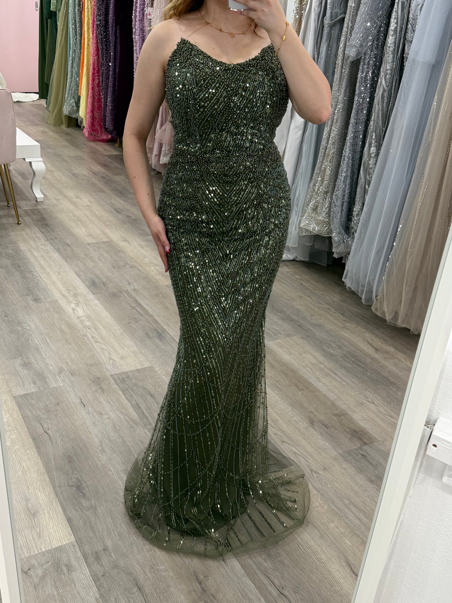 Green fully beaded formal dress