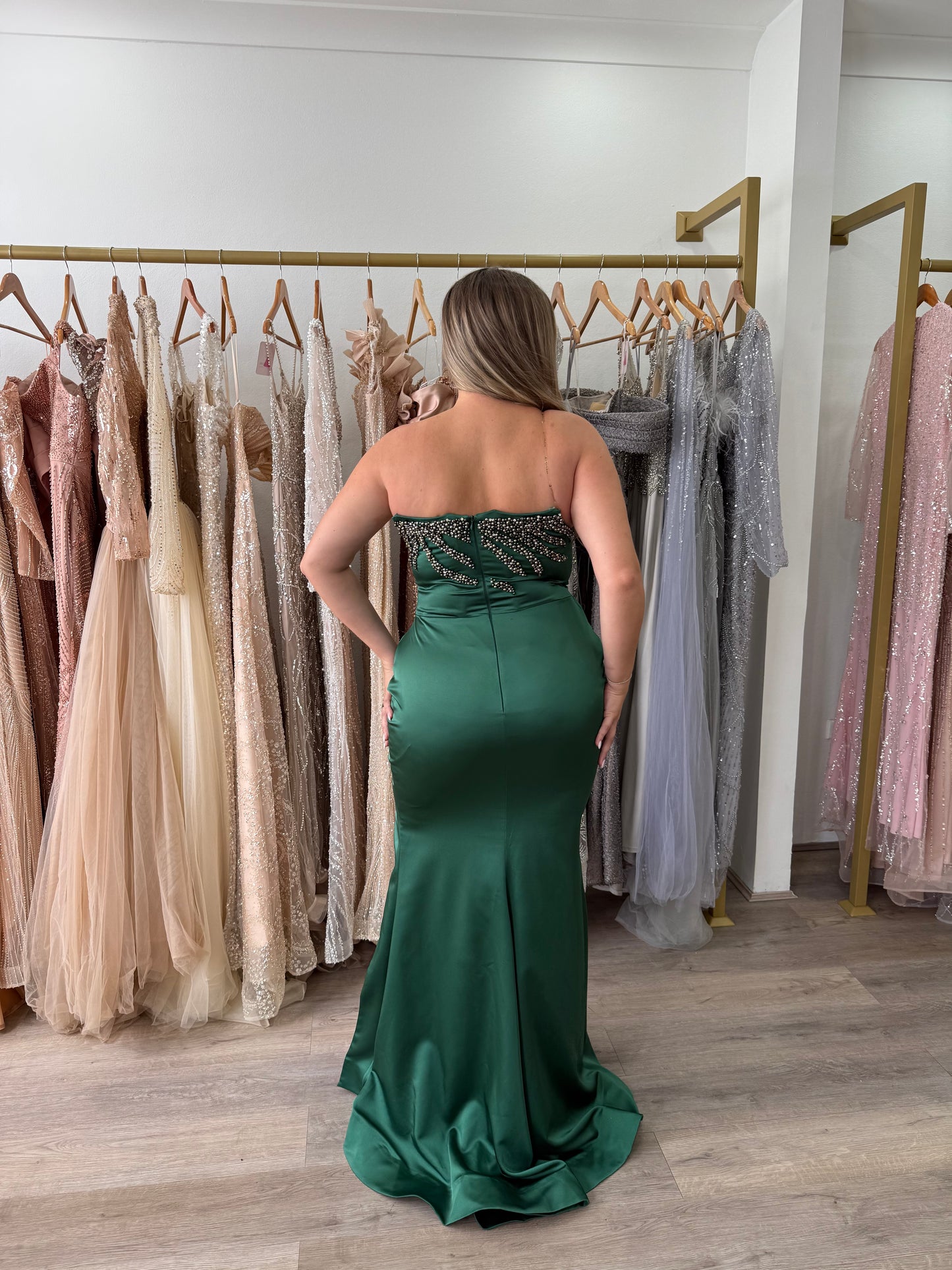 Green satin formal dress