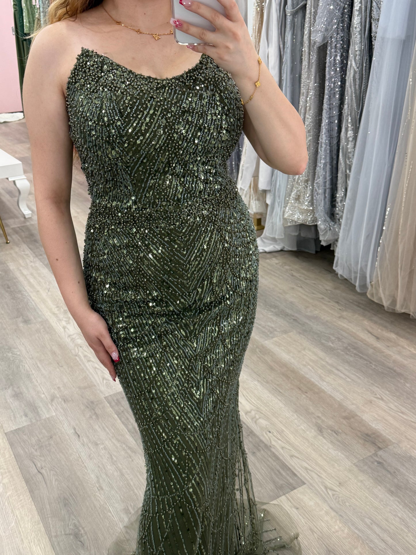 Green fully beaded formal dress