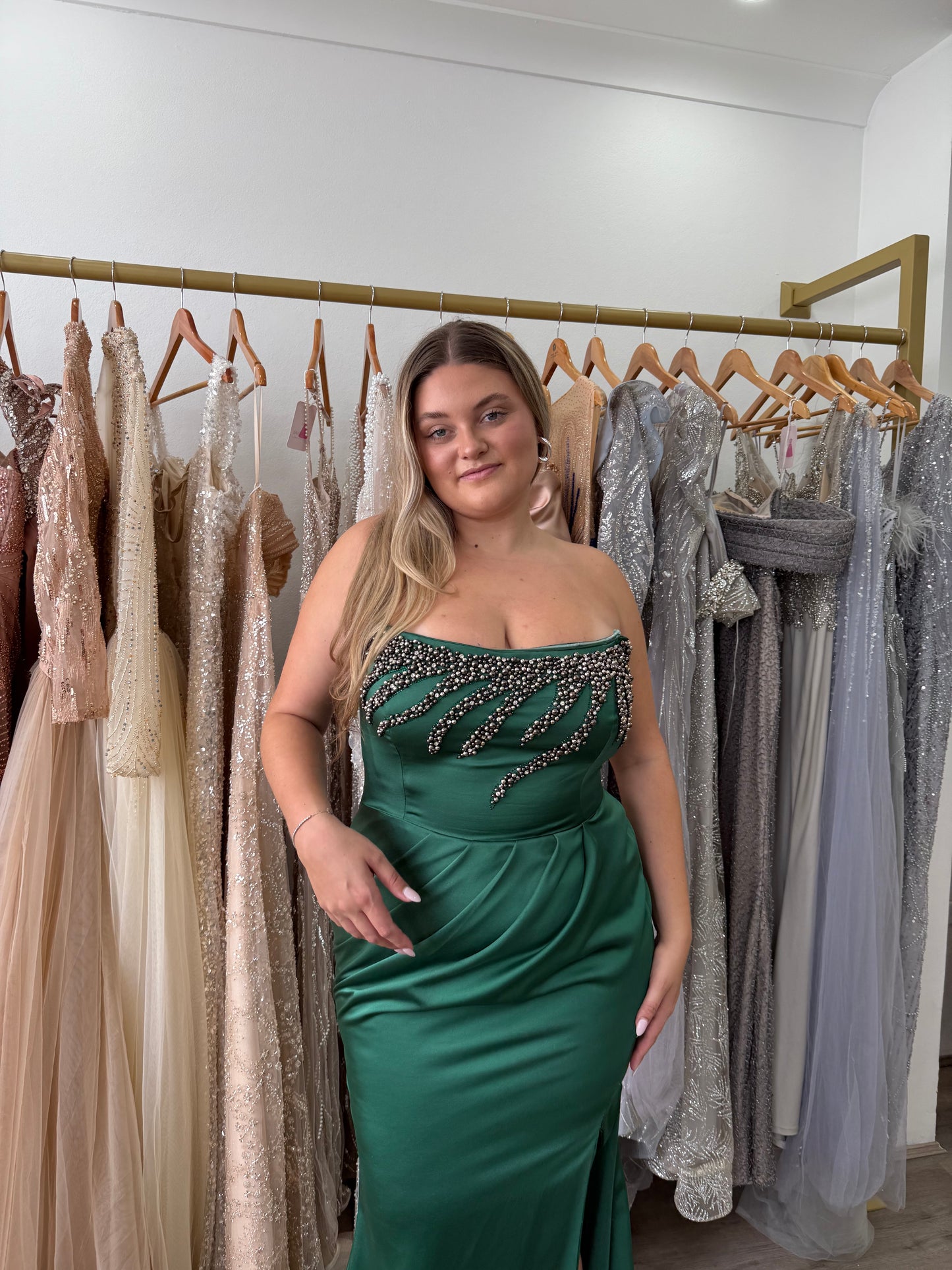 Green satin formal dress