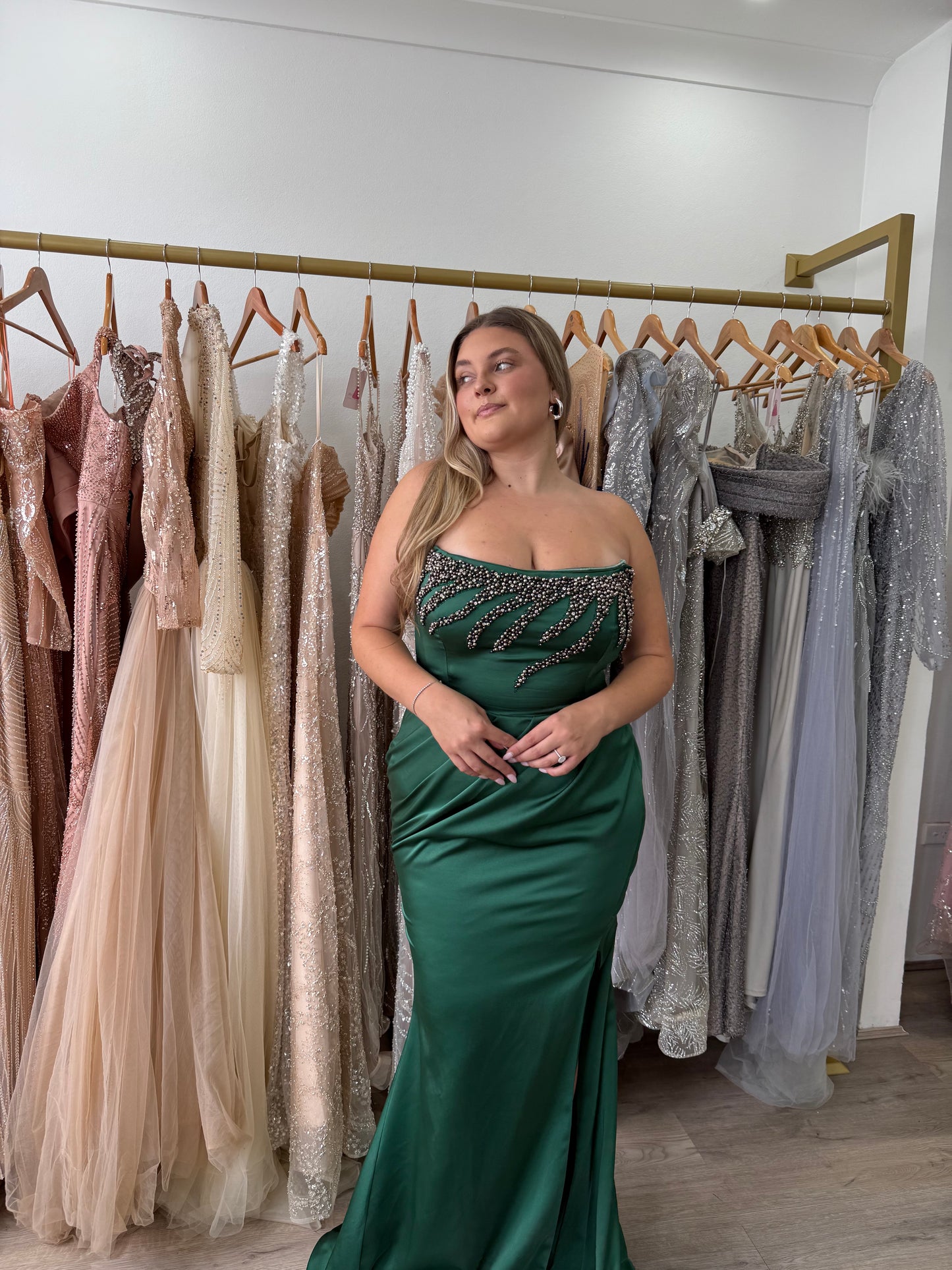 Green satin formal dress