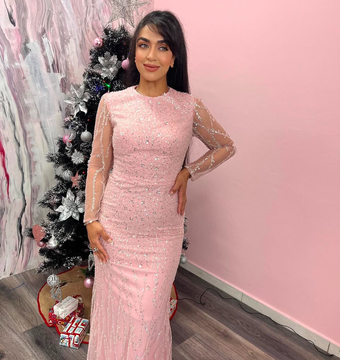 Light pink long sleeve beaded dress