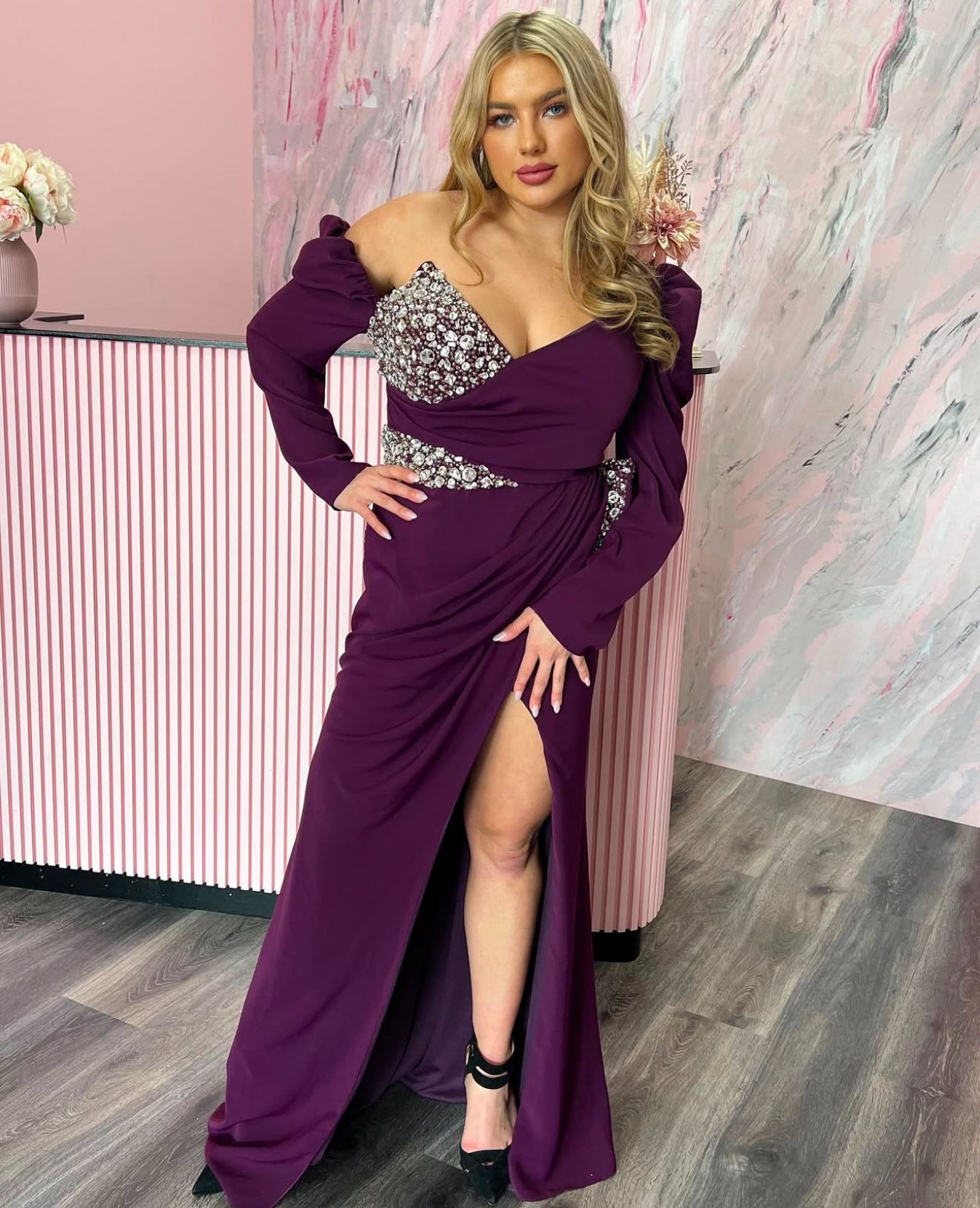 Plum long sleeve formal dress