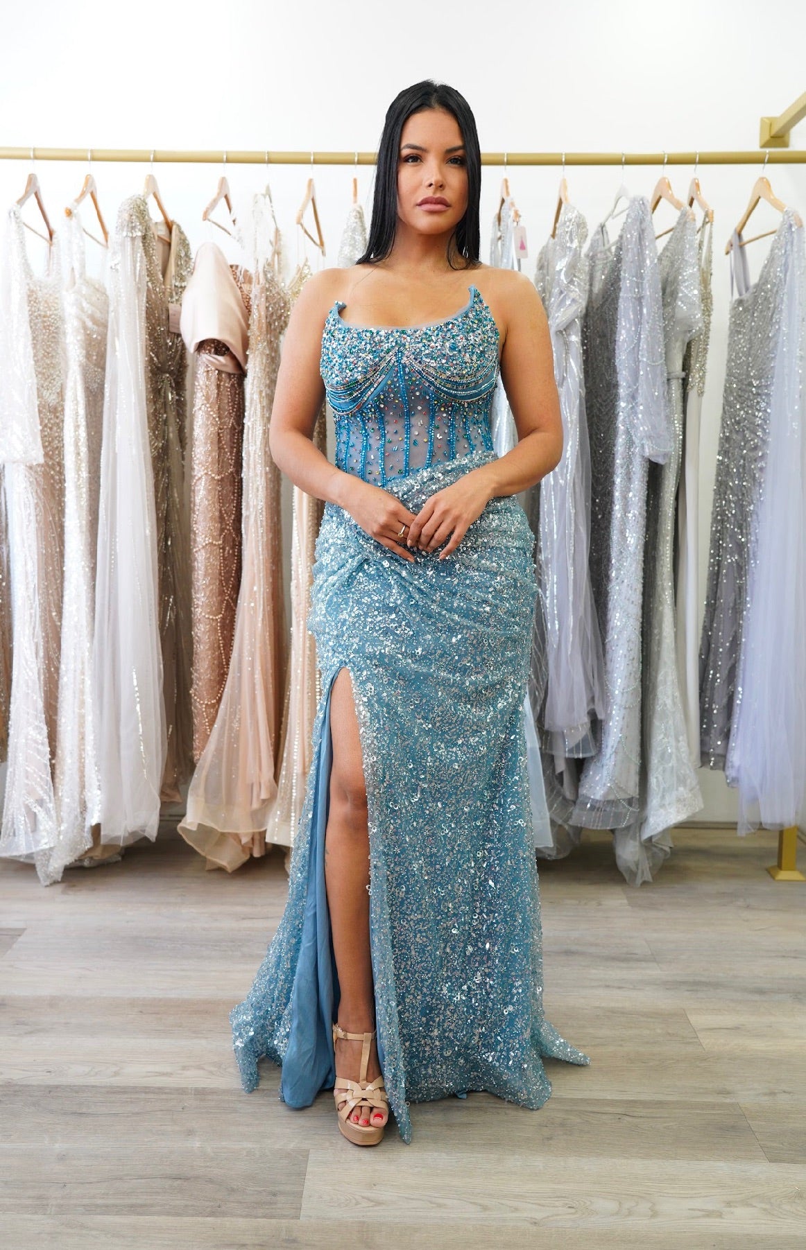 Blue fully beaded formal dress