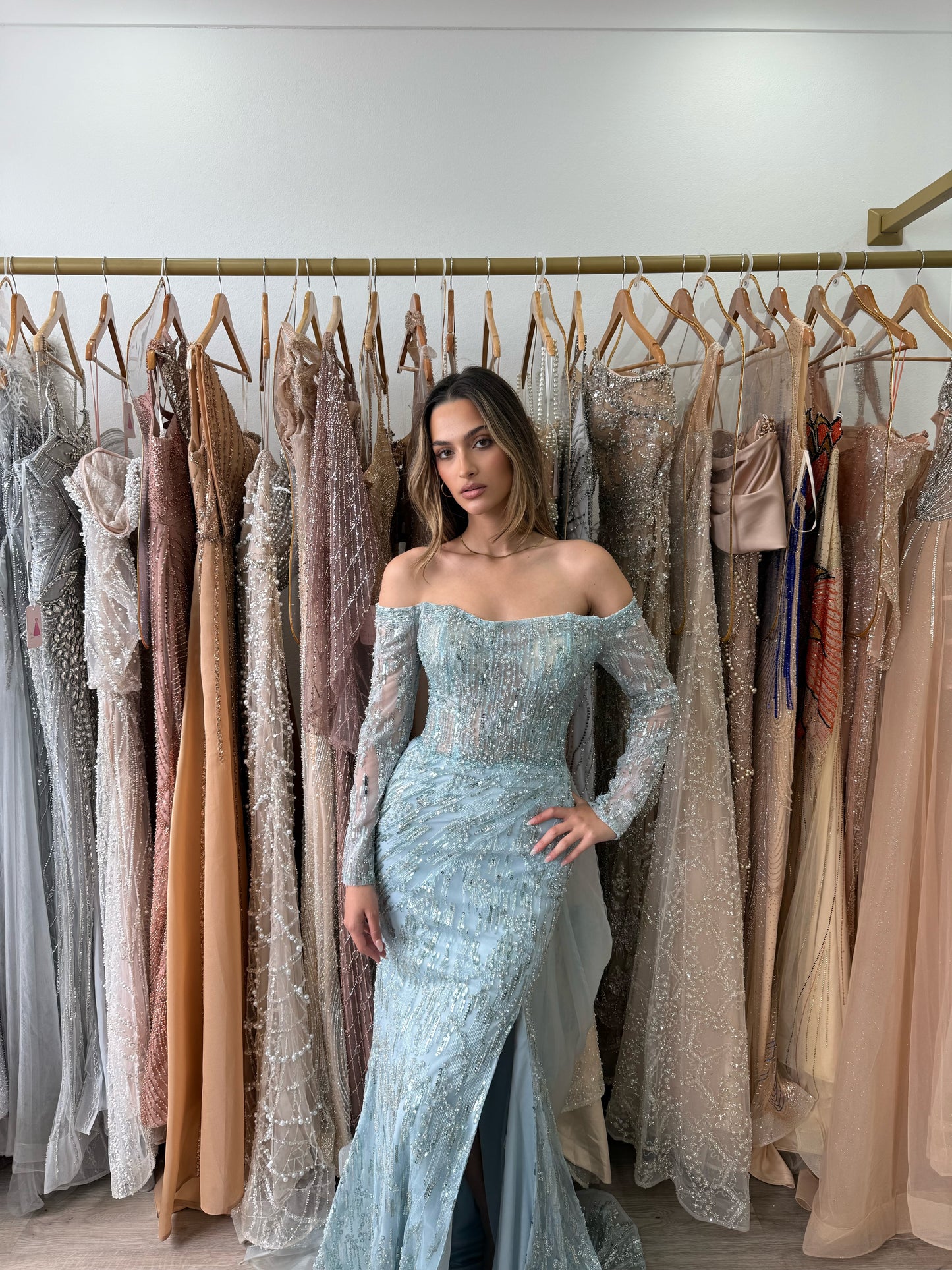 Baby blue off shoulder long sleeve