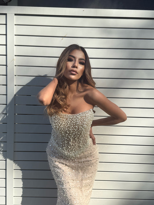 Fully beaded nude/white dress