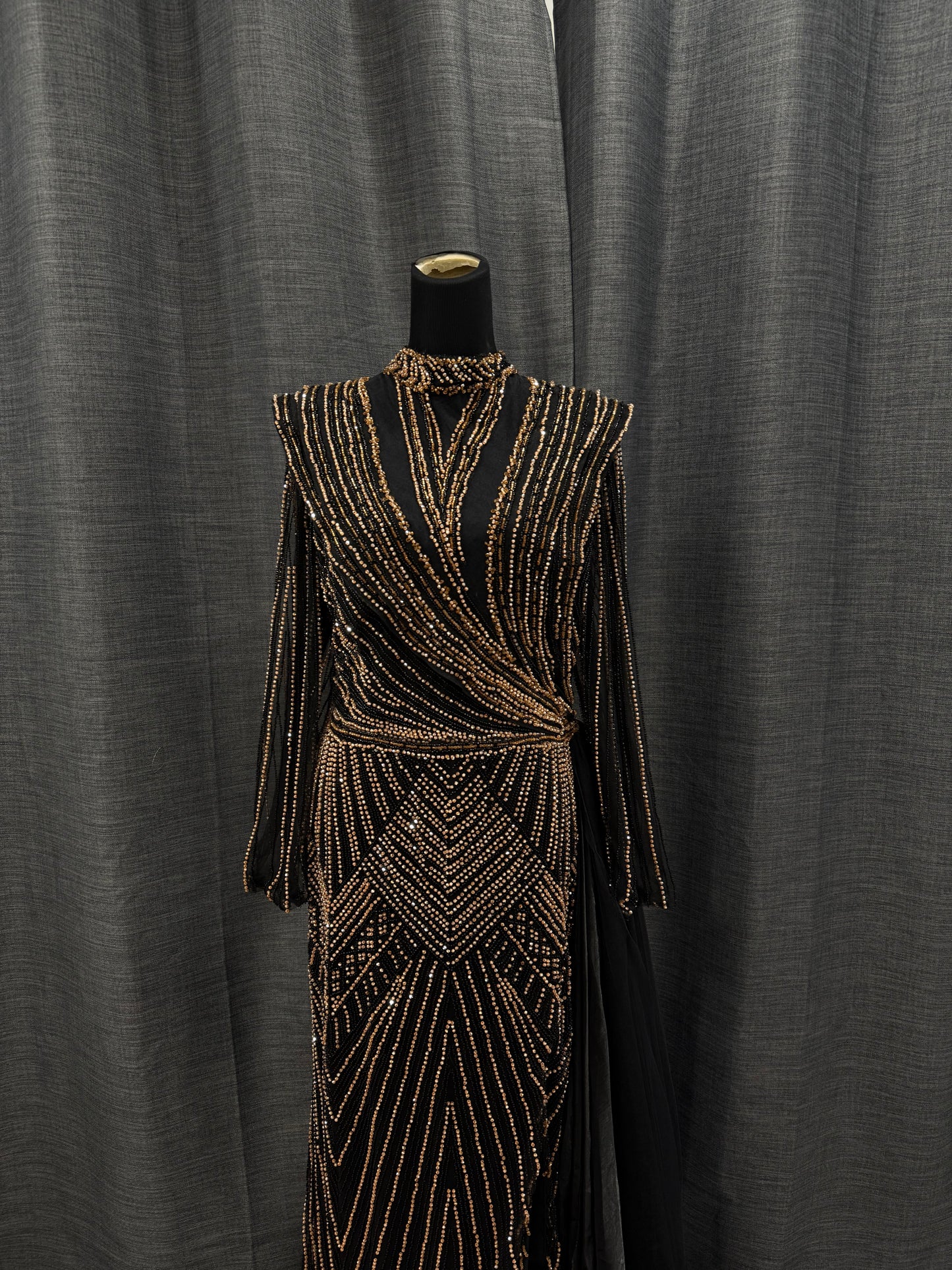 Black long sleeve dress with gold beading