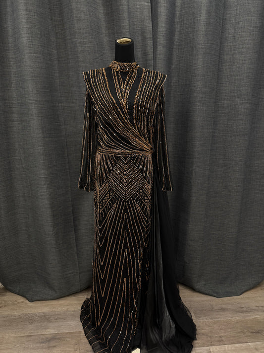 Black long sleeve dress with gold beading