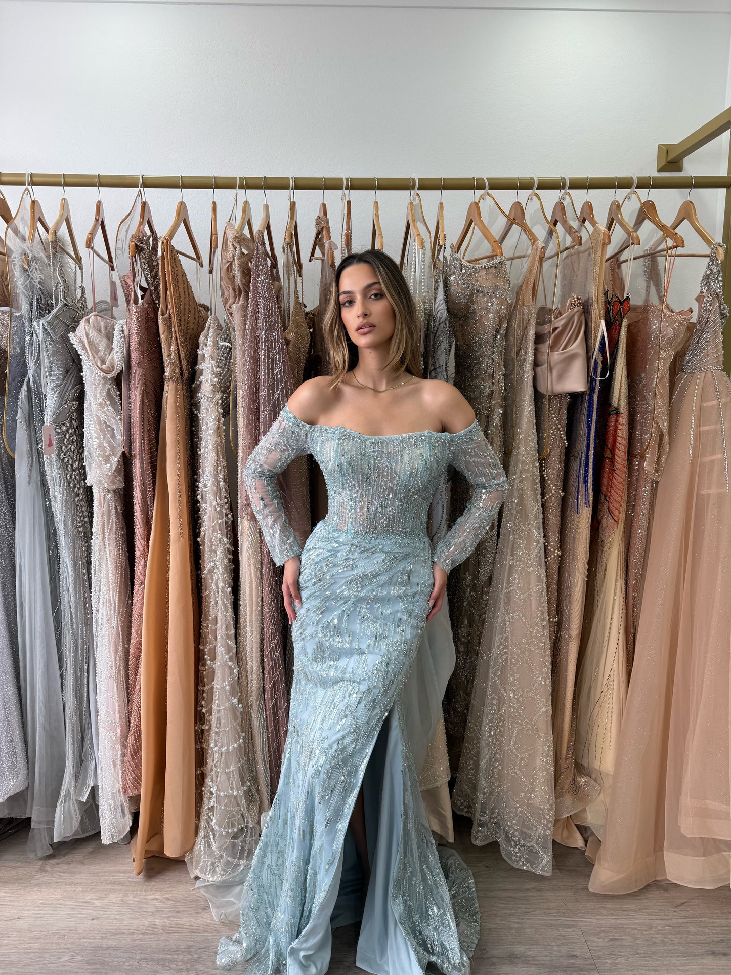 Baby blue off shoulder long sleeve