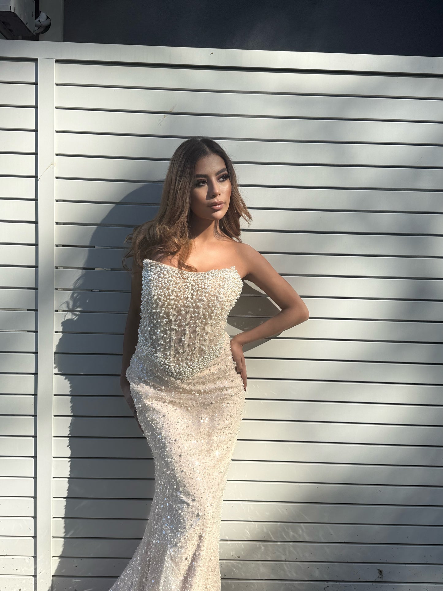 Fully beaded nude/white dress