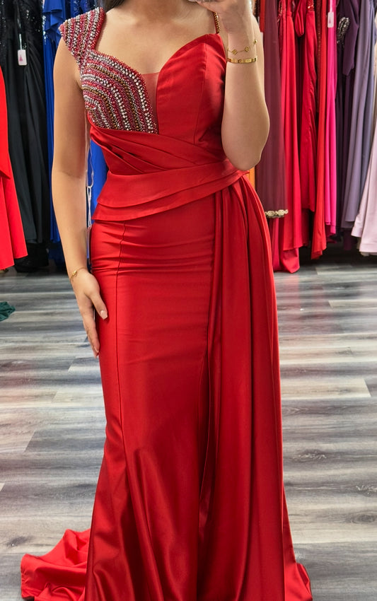 Long red satin dress