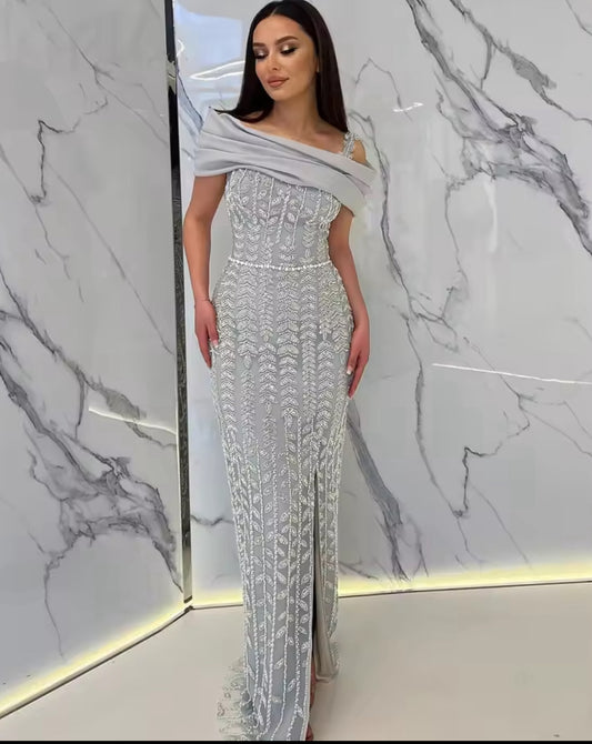 Grey fully beaded formal dress