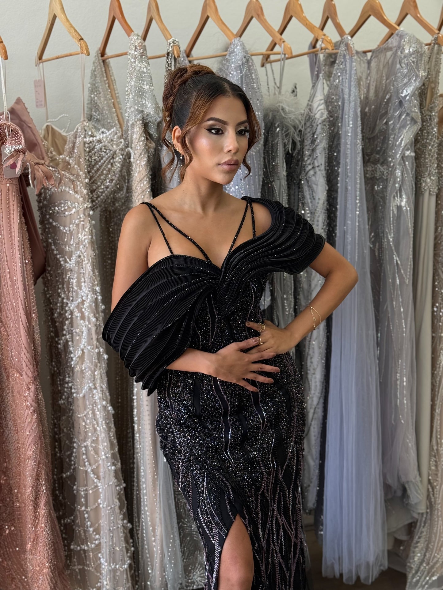 black fully beaded formal dress
